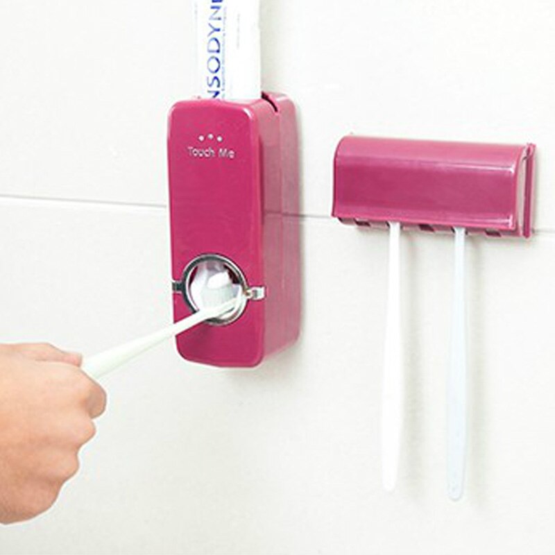 Dispensador automático de pasta de dientes Minions, juego de soporte para cepillo de dientes, juego de baño familiar, estante de montaje en pared, accesorios de baño: Rojo