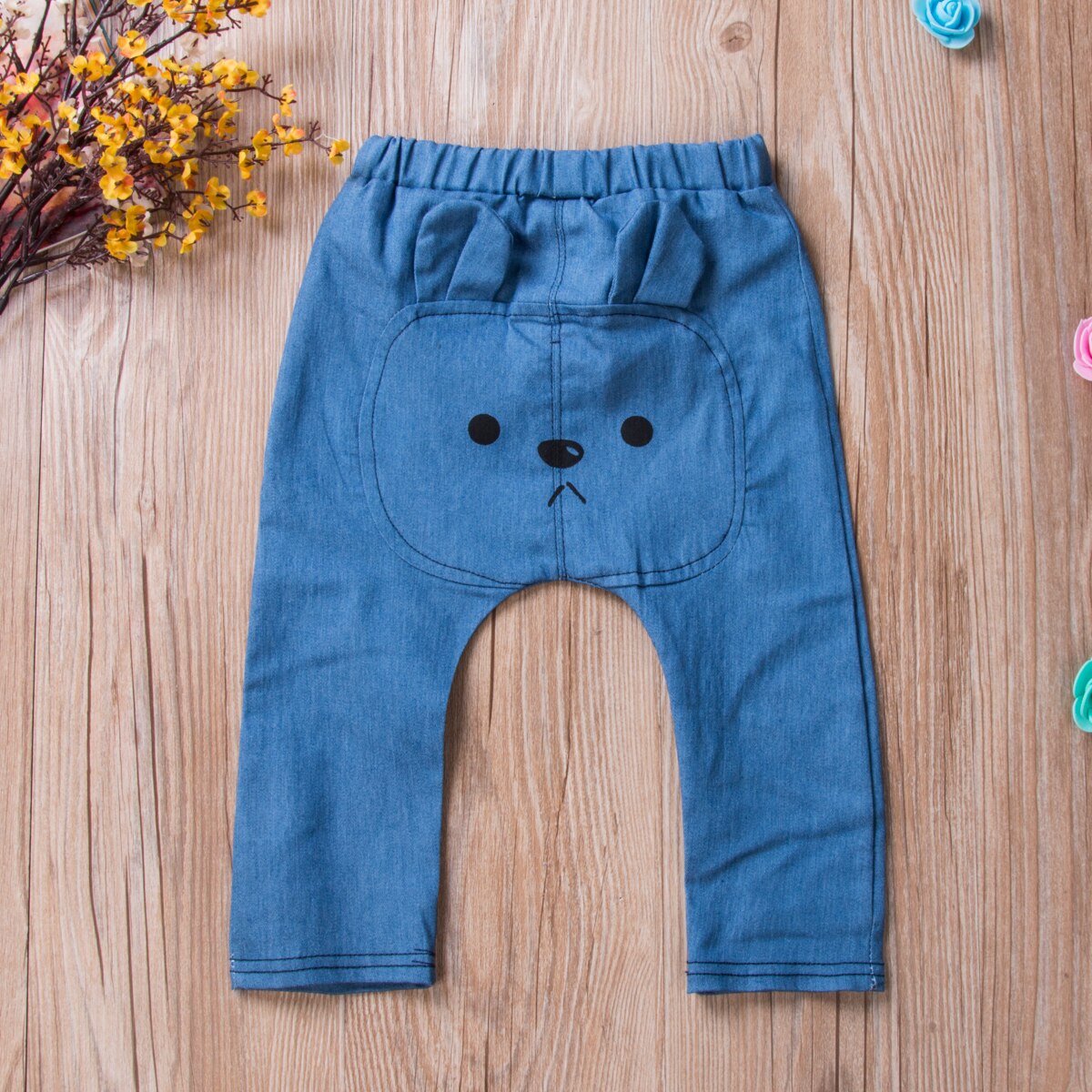 Toddler baby piger drenge 0-3t tegneserie print lange bukser harembukser blå denim elastisk talje bukser underdele leggings sweatpants