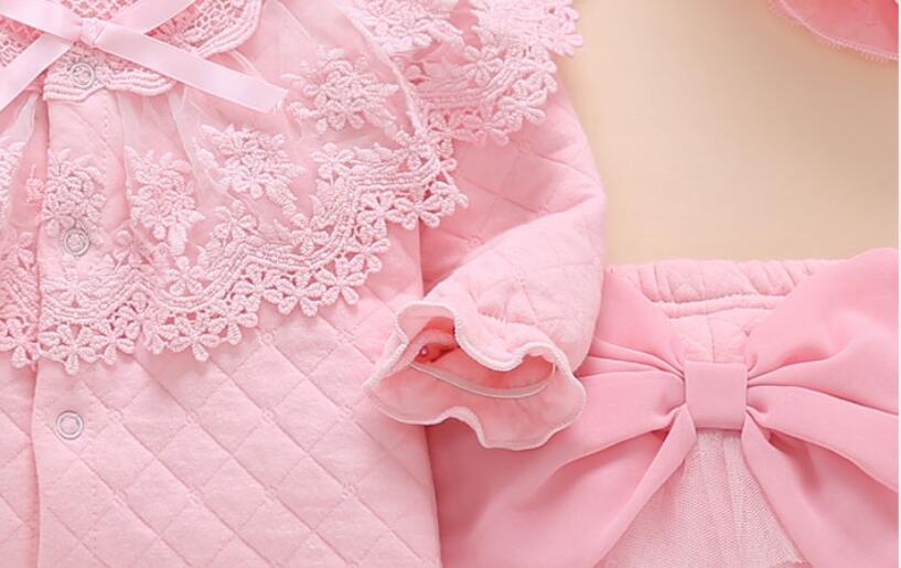 Nyfødte baby pige efterår vinter tøj tøj & sæt medium tyk varm polstret top overtøj + bukser + hat lyserød blonder prinsesse tøj
