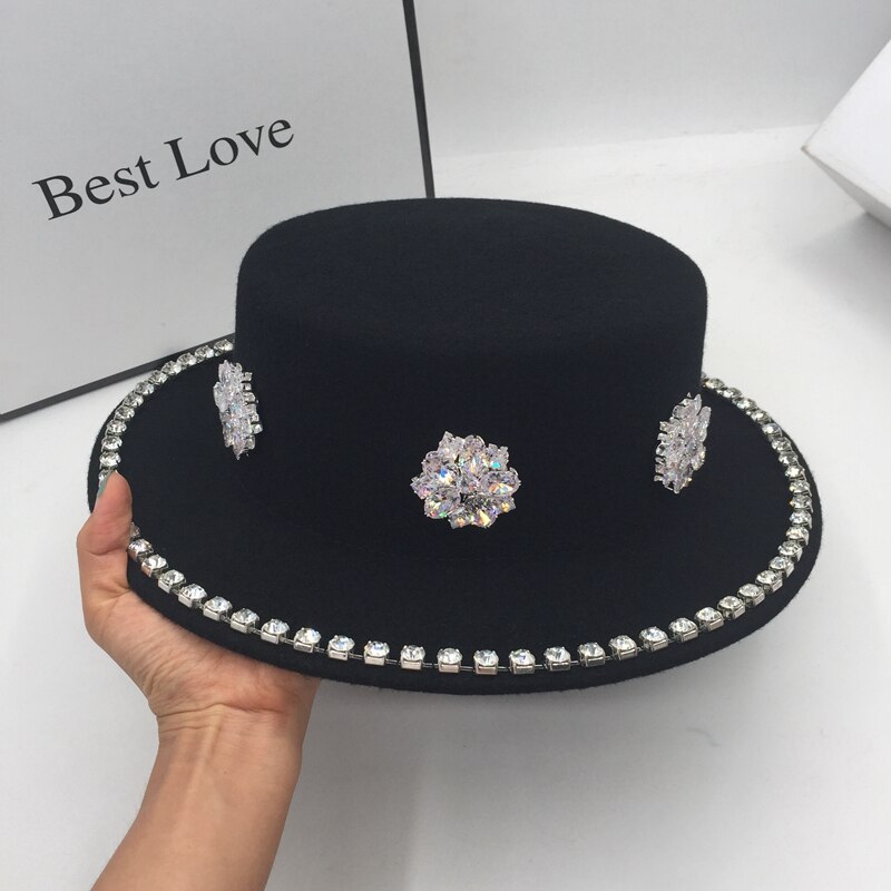 Fedora inverno lã diamante flor britânico chapéu liso para mulher ins vento restaurar antigas formas de francês preto diy artesanato