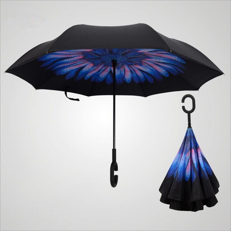 Double couche inversé parapluie voitures réversible parapluie c-crochet imperméable inversé pliant inversé Chuva parapluie: 2