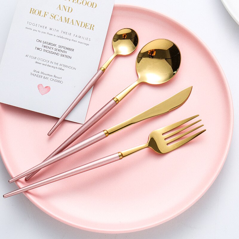 4PC Gold Travel Portable Tableware Cutlery Set 304 Stainless Steel Cheap Black Flatware Food Service Dinnerware Dinner Set