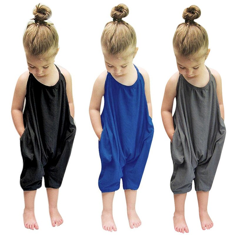 Summer Casual Children Girl Jumpsuit Cotton Kids Girl Overalls Drawstring Loose Kids Overalls Solid Color Kids Clothes 3-7 Years