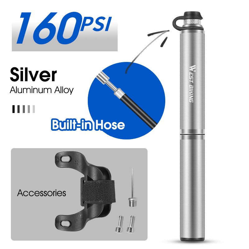 WEST BIKING Portable Mini Bike Pump High Pressure With Hose Mountain Road Bicycle Schrader Presta Valve Alloy Cycling Inflator: New 160PSI Silver