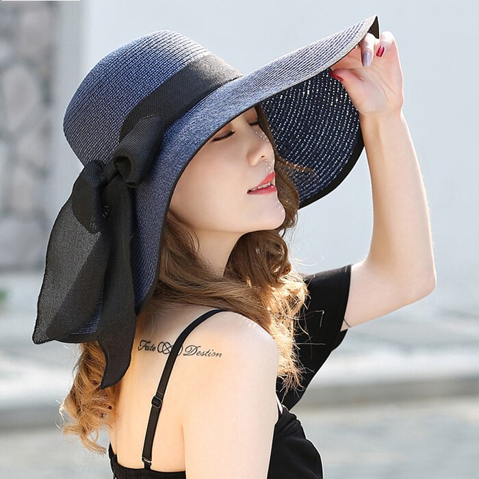 Sommer stor randen stråhat floppy bred randen solhue bue knude strand foldbare hatte hatte til kvinder: Flåde