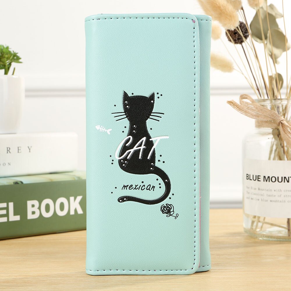 Women Simple Cat Long Wallet Coin Purse Card Holders Handbag Package Fold Pu Leather Female Coin Purse Card Holder