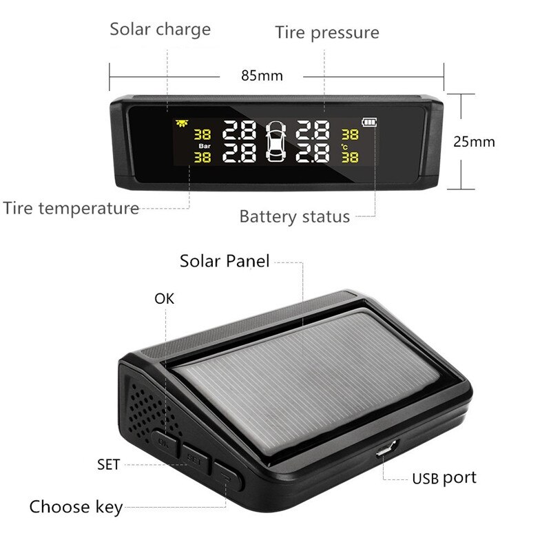 Jansite Tpms Draadloze Auto Bandenspanning Monitoring Intelligente Systeem Solar Power Charge Led Display 4 Externe Interne Sensoren