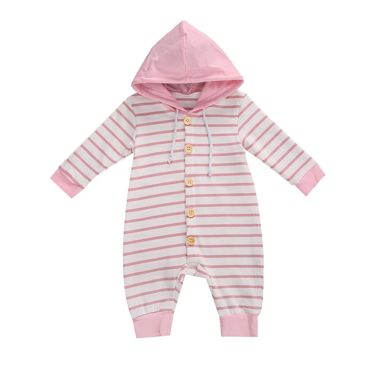 FOCUSNORM 0-24M Autumn Winter Baby Girls Boys Striped Rompers Hooded Long Sleeve Single Breasted Jumpsuits: Pink / 24M