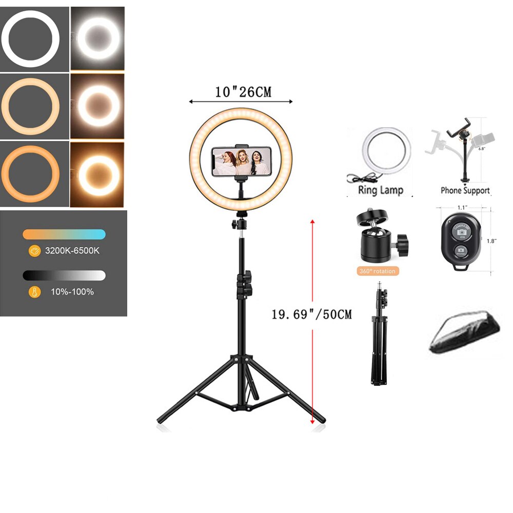 26cm led selfie anel luz trepied pode ser escurecido lâmpada suporte do telefone tiktok círculo luz de preenchimento maquiagem fotografia ringlight tripé: Black