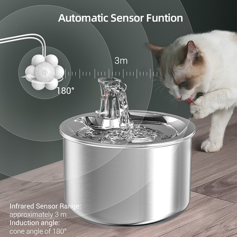 ROJECO Stainless Steel Cat Water Fountain Automatic Water Dispenser For Cat Dog Pet Smart Motion Sensor Water Purifier Drinker