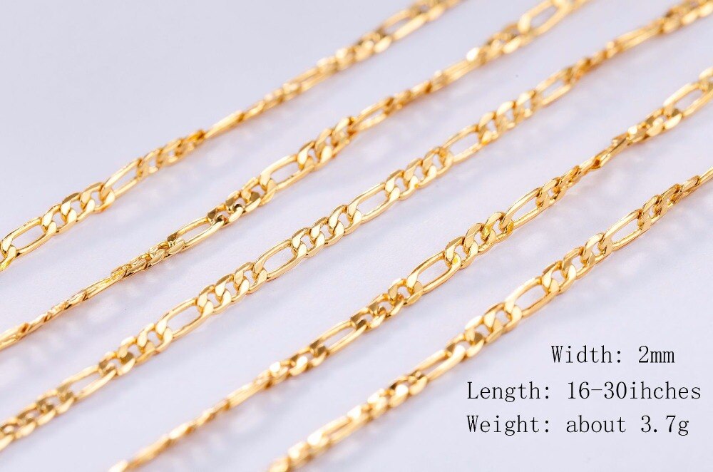 2mm Flat Chain Necklace For Women Men Gold/Silver Jewelry Figaro Chain Necklace 16 18 20 22 24 26 28 30 inch 925/18 K