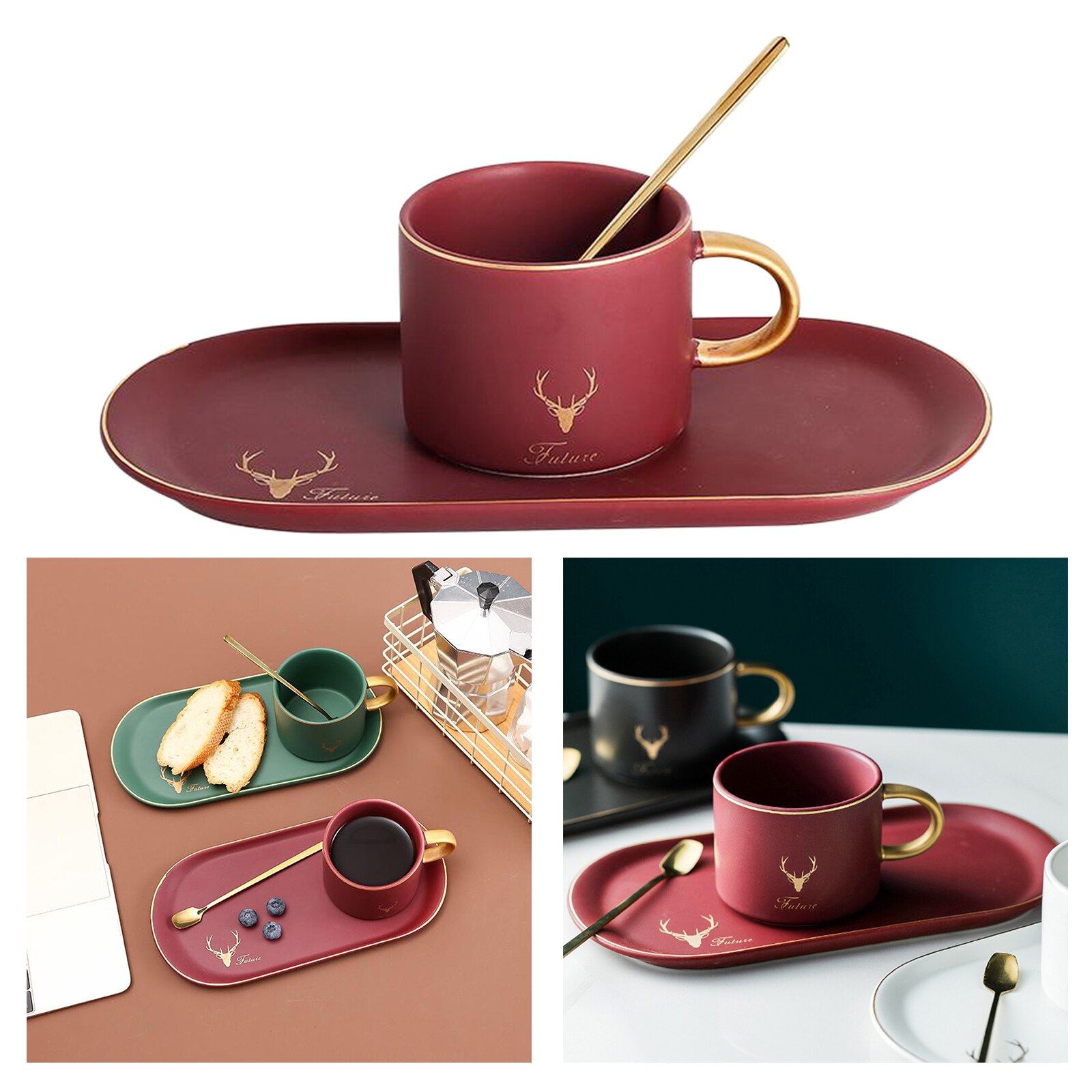Ceramic Tableware Breakfast Coffee Cup Set inlcuding Saucer Tray and Spoon, Nordic Style