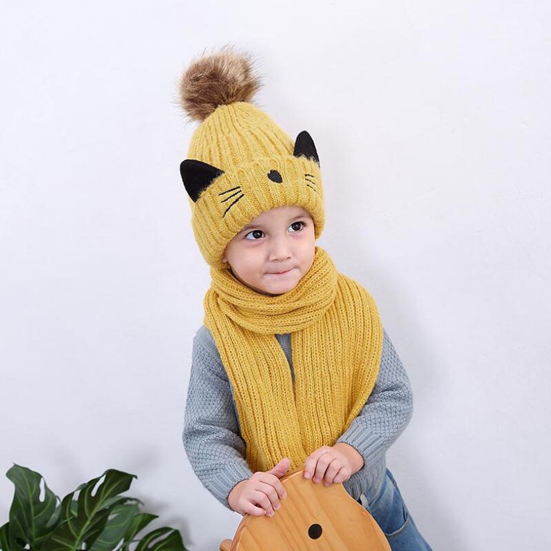 Karikatur katze hairball mützen setzt samt wolle freundlicher Art Gestrickte pelz hüte Winter pelz innen 2 stücke Baby mädchen schal Hütte einstellen