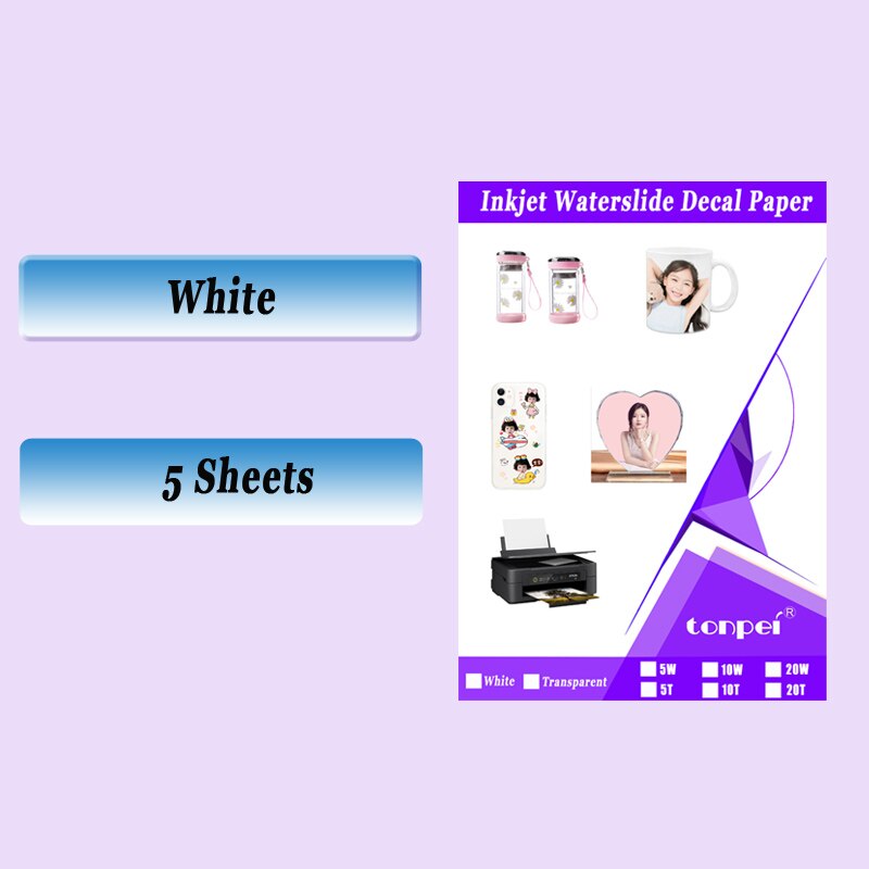 A4 Inkjet Waterslide Decal Paper Waterbased slide transfer paper White Transparent 5 10 20 Sheets: 5 white