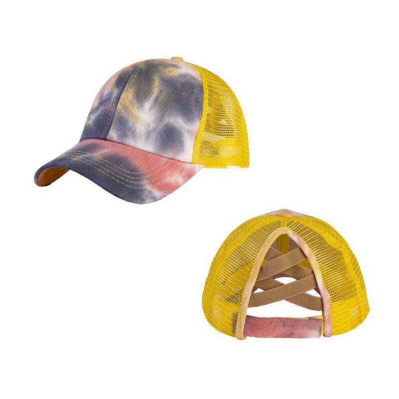 Ponytail Sport Cap Women Distressed Washed Cotton Trucker Caps Summer Snapback Hat Glitter Brim Satin Tie-dye Dad Hats