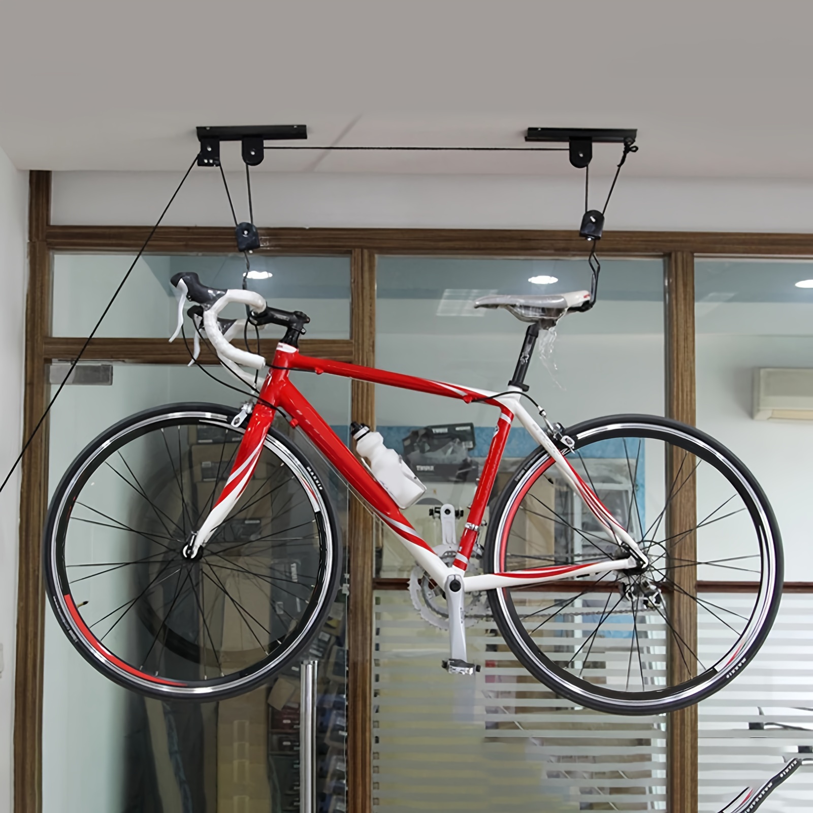 1 conjunto de guindaste de bicicleta, armazenamento de garagem, sistema de polia de elevação de bicicleta com rolamento de 60kg, rack de teto resistente, cabide de bicicleta