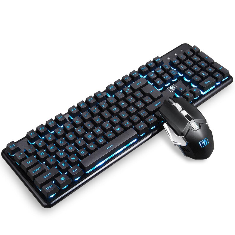 Wireless Gaming Keyboard and Mouse Mechanical Feeling RGB Keyboard Backlit Gamer Mouse 2400dpi Laptop PC Keyboards Rechargable: black blue LED