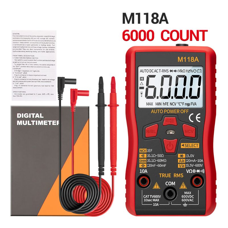 M118a digitale mini multimeter smart tester auto mmultimetro true rms transistor meter med ncv data hold 6000 tæller lommelygte