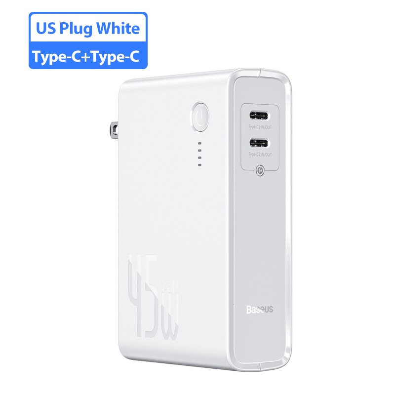 Baseus Power Bank 45W 10000Mah Gan Charger 2 In 1 Pd Qc 3.0 Afc Snel Opladen Ons Usb oplader Voor Iphone Samsung Voor Macbook Pro: Dual Type-C White