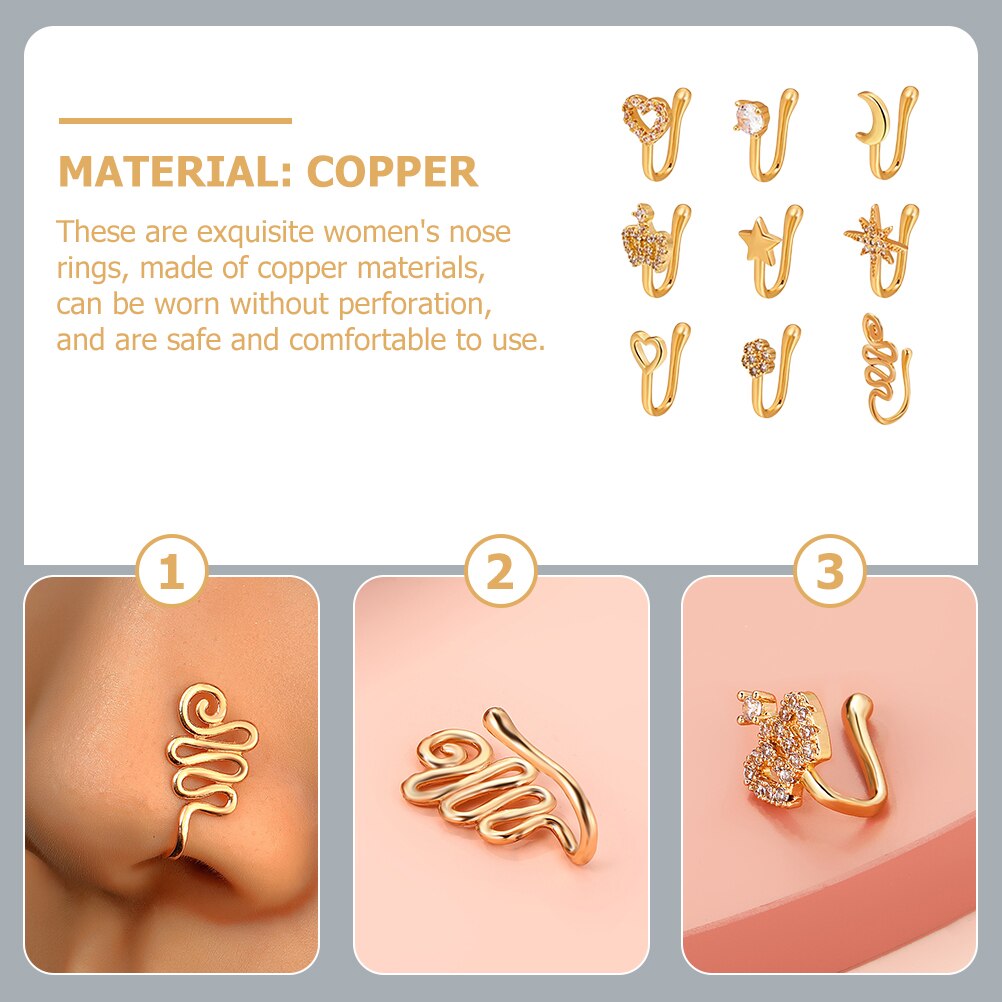 9pcs Nose Rings Copper Nose Cuff Clip Nose Decor for Girls