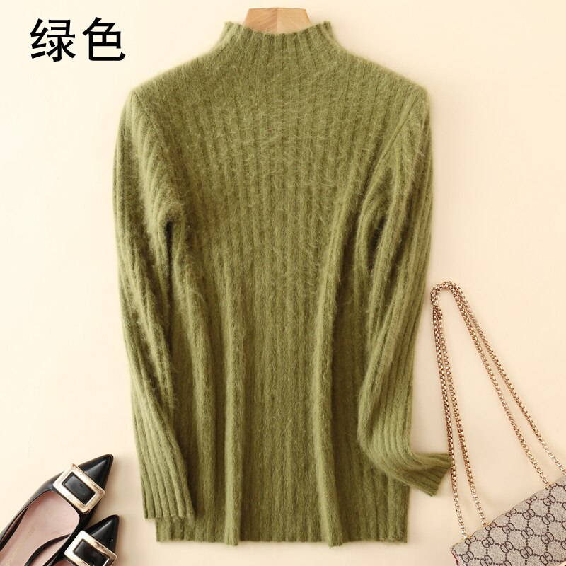 Varm 100%  mink kashmir sweater strikkede pullovere til kvinder vinter høj elasticitet bløde toppe høj krave afslappet basisk dameskjorte: L / Militærgrøn