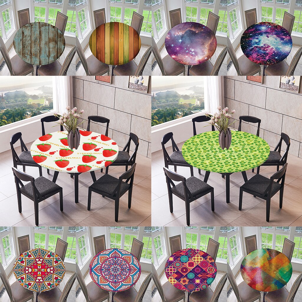 Elastic Edged Waterproof Backed Fitted Table Cover Tablecloths Kitchen Decor, Fits 47 inch Round Tables