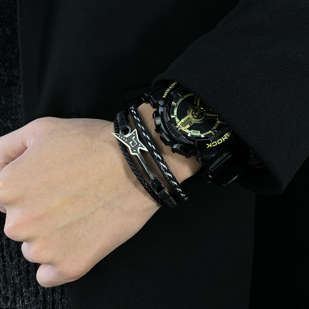 Cyue Europese Mannen Jongen Gevlochten Multi-Layer Leren Armband Muzieknoot Charm Rvs Knop Polsbandje ZYLB0180