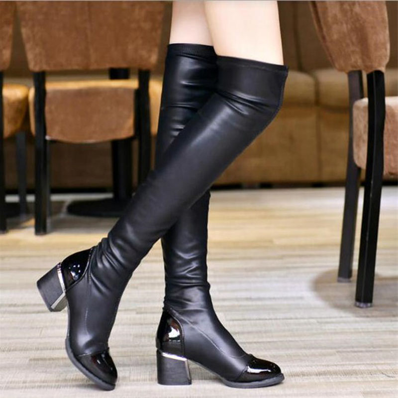 PU Leather Over Knee Boots Women Sequined Toe Elastic Stretch Thick Heel Thigh High Riding Boots Big Size 40