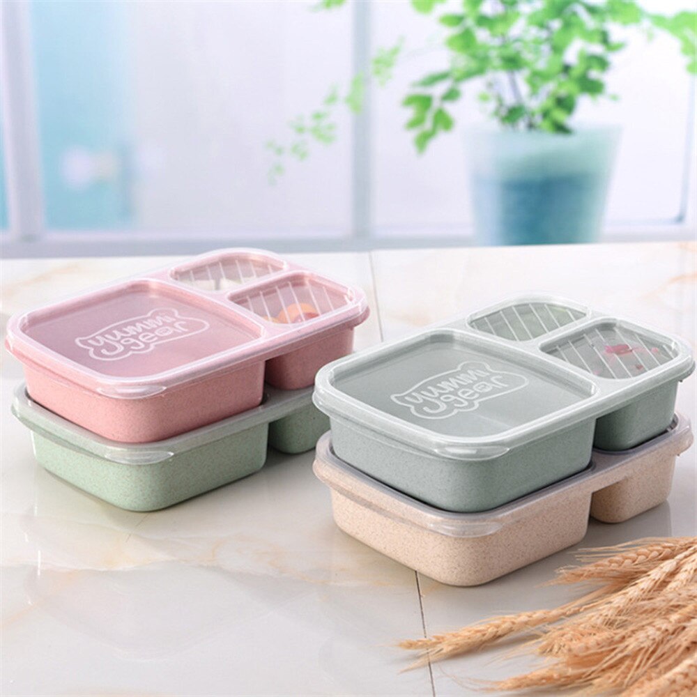 3 Grids Tarwe Magnetron Bento Draagbare Lunchbox Picknick Sushi Fruit Voedsel Container Opbergdozen Case Container Organizer # LR1