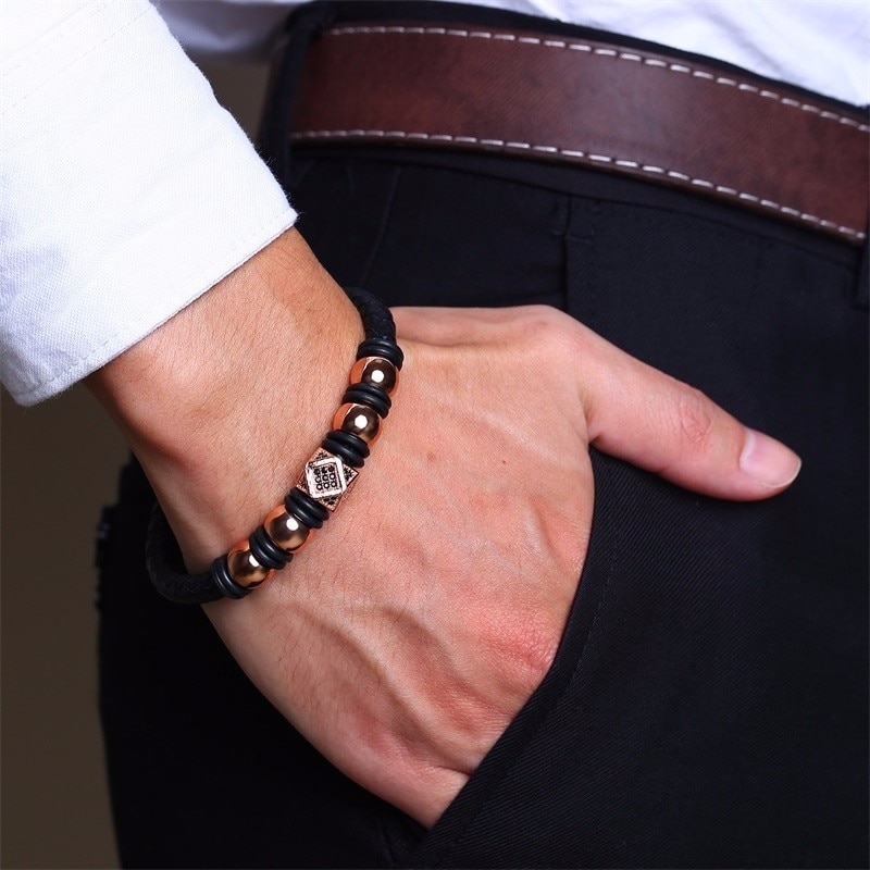 Stylish Mem Jewelry Rose Gold Tone Beaded and Black CZ Modern Mens Braided Leather Bracelet