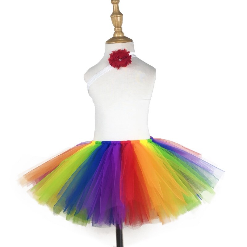 Girls Rainbow Tutu Skirt Baby Handmade Tulle Ballet Pettiskirts Tutus with Red Flower Hairbow Set Kids Party Costume Skirts: 3T