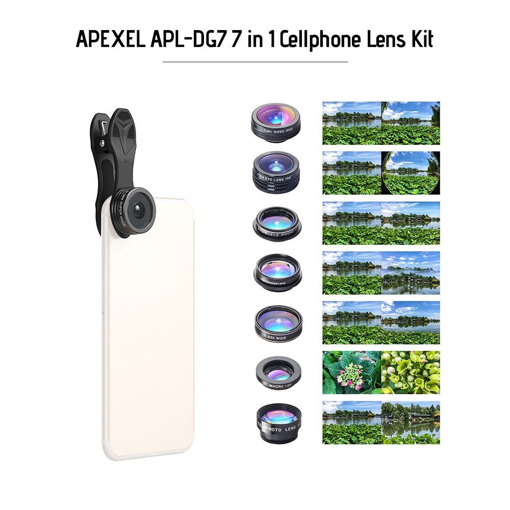 APEXEL APL-DG7 – Kit d&#39;objectif de téléphone portable 7 en 1, Macro grand Angle 0.36X 198, lentille Fisheye, 2X, télescope, pour téléphone Huawei Xiaomi