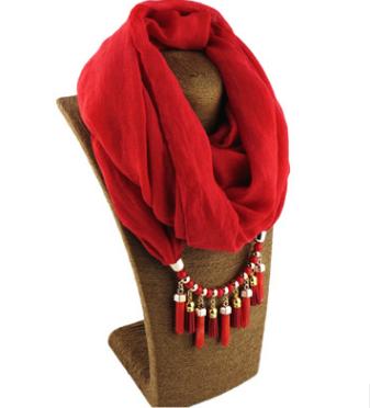 Ethtic Silk Scarf Necklace Neckerchief Scarves Tassels Women Printed Silk Muffler Scarfs Choker Statement Jewelry Luxury Bijoux: Red
