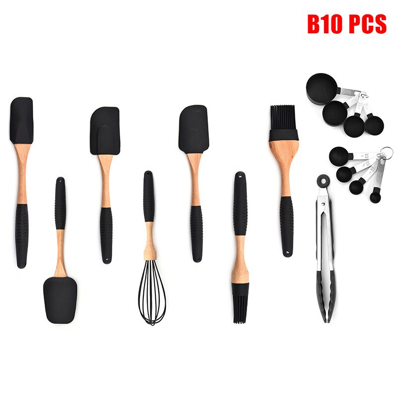 Silicone Non-stick Cooking Baking Utensils Tools Set Heat Resistant Spoon Spatula Egg Beaters Kitchen Accessories C66: b10 pcs