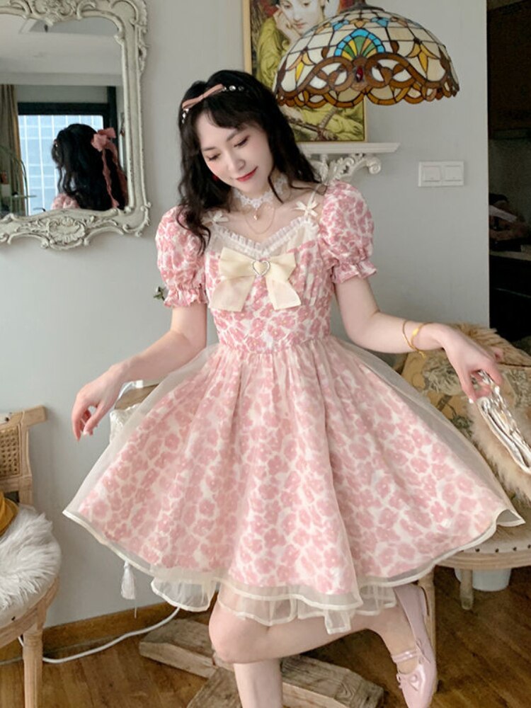 HOUZHOU Pink Floral Dress Women Sweet Cute Bow Mesh Patchwork Fairy Dresses Princess 2022 Summer Kawaii Streetwear