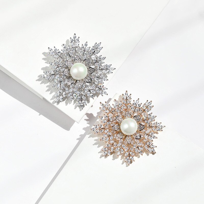 Crystal Snowflake Brooch - Platinum Plated - Micro Inlay Zircon - Women's Cardigan Suit Accessory