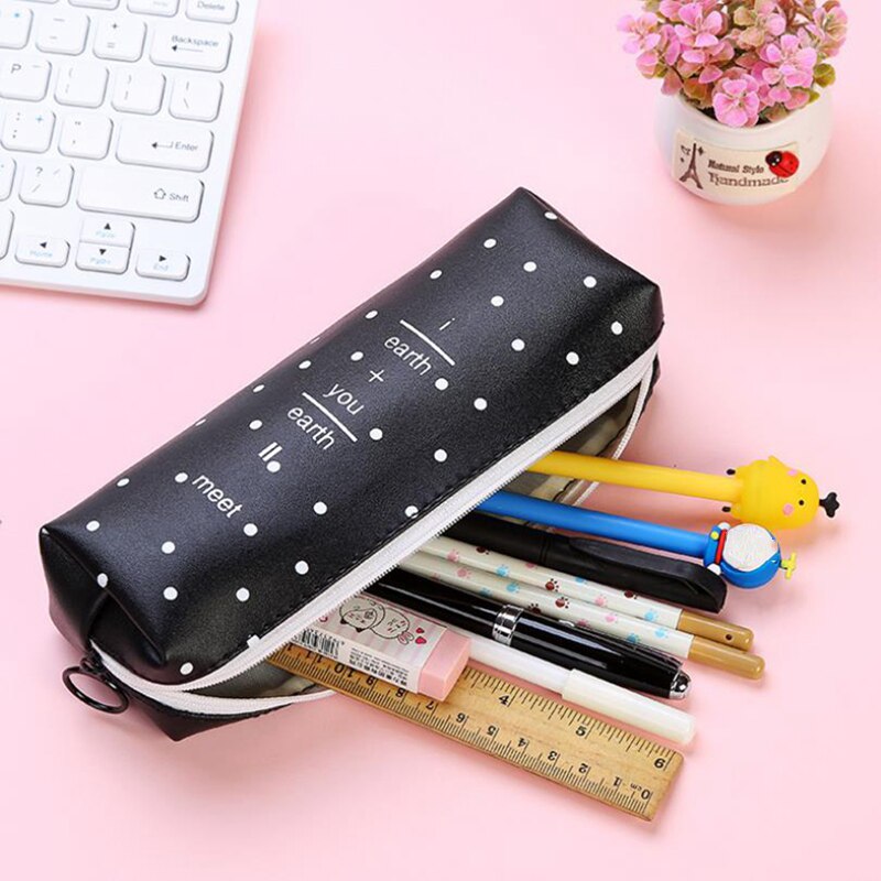 Cartuchera de cuero de PU con puntos blancos y negros, bonita cartuchera con letra rosa para niñas, bolsa para bolígrafos, bolsa de papelería, suministros para oficina y escuela