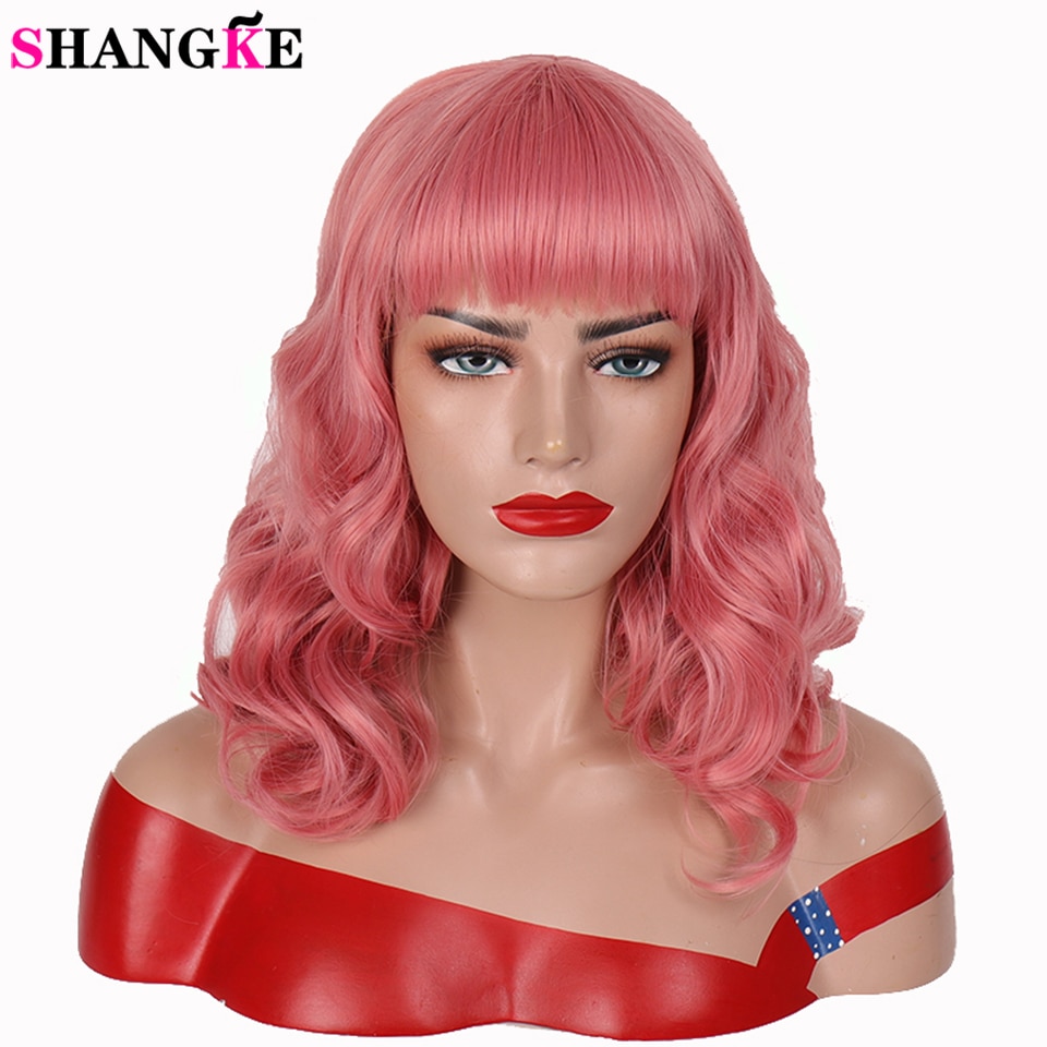 Shangke Korte Bang Pruik Rockabilly Vintage Cosplay Pruik Met Pony Synthetisch Krullend Blonde Roze Pruiken Voor Vrouwen Hittebestendige Vezel