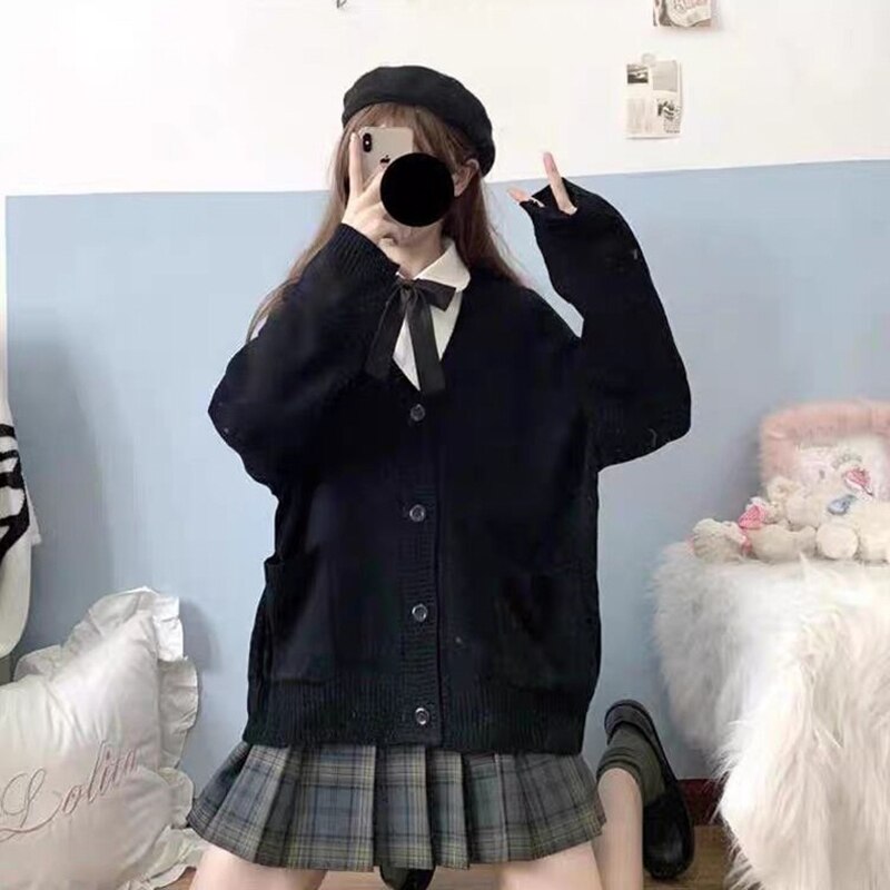 Japanese Student School Uniforms Women Cardigan Solid Full Sleeve Loose Kawaii Vintage Daily Students Female Sweater Autume 2022