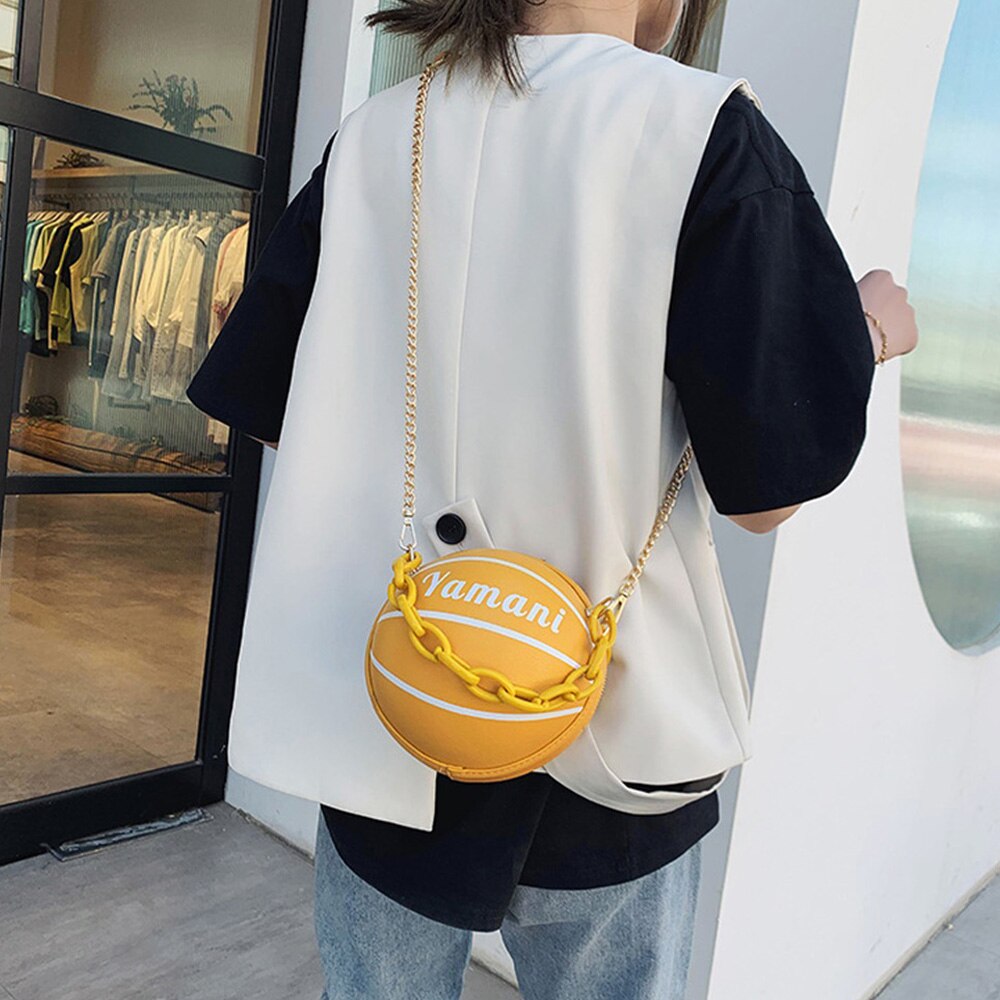 Round Handbags PU Leather Teenagers Women Zipper Shoulder Bag Football Basketball Shape Funny Messenger Bag