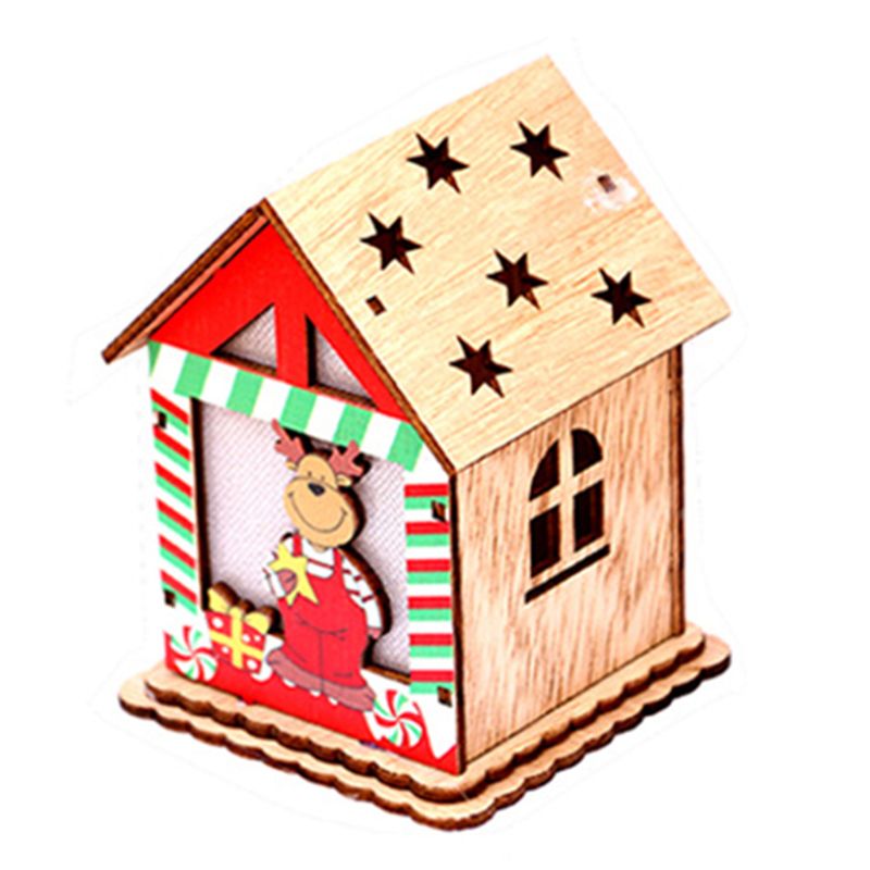 Casa de madera LED Chalet muñeco de nieve decoración de Navidad ciervo adorno de Papá Noel F: 4