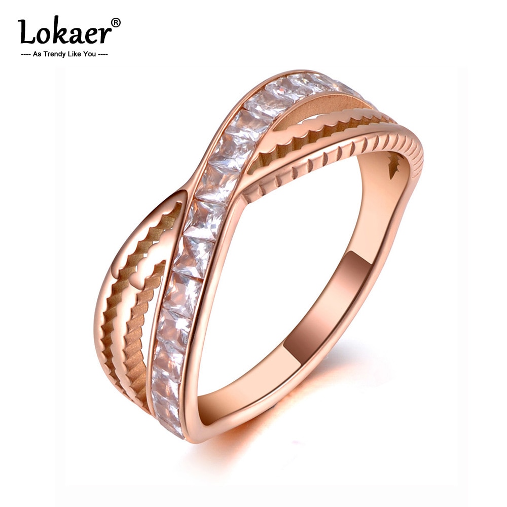 Lokaer anel feminino, anel de aço inoxidável de titânio, em forma de x, joia, mosaico rosa, dourado cz, anéis de casamento para mulheres r19142