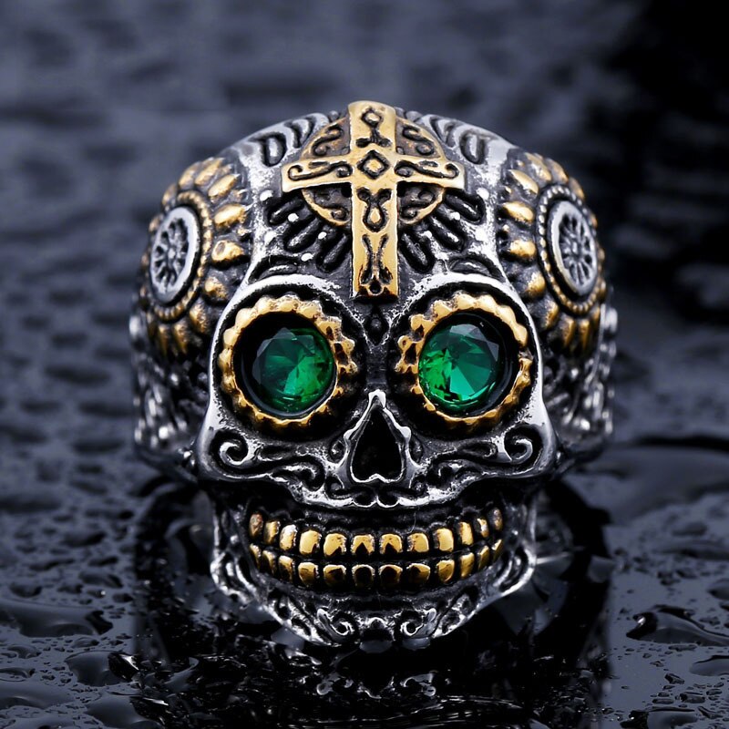 Vintage gotisk guld kranie ring mænd& #39 ; s 316l rustfrit stål punk biker ring mandlige hiphop rock smykker unikke til mænd: 7 / Grøn