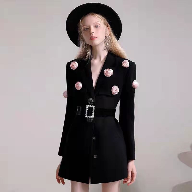 Traje de flores bordadas para mujer, prendas de vestir de , con cuello en V, de cintura alta, de un solo pecho, abrigos de oficina, color negro