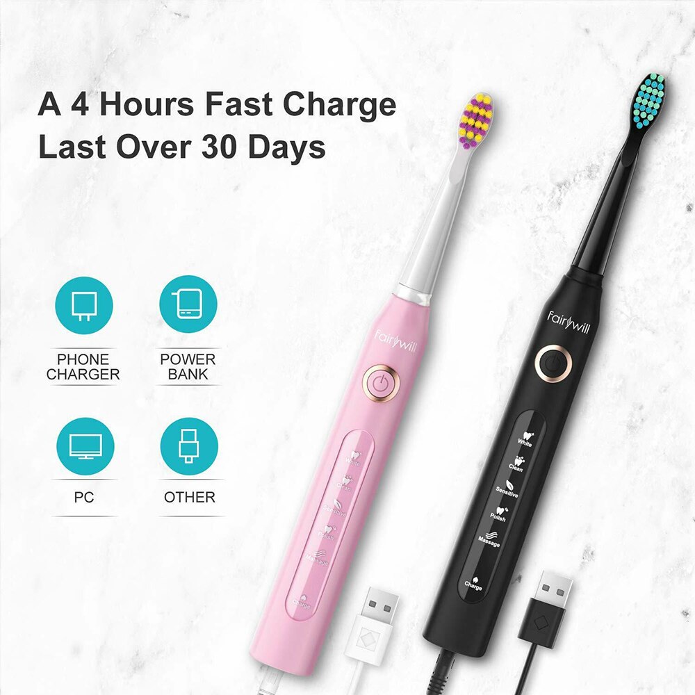 Fairywill Ultrasonic Automatic Electric Toothbrush Timer 5 Modes Rechargeable Toothbrush USB Fast Charging with 3 Brush Heads