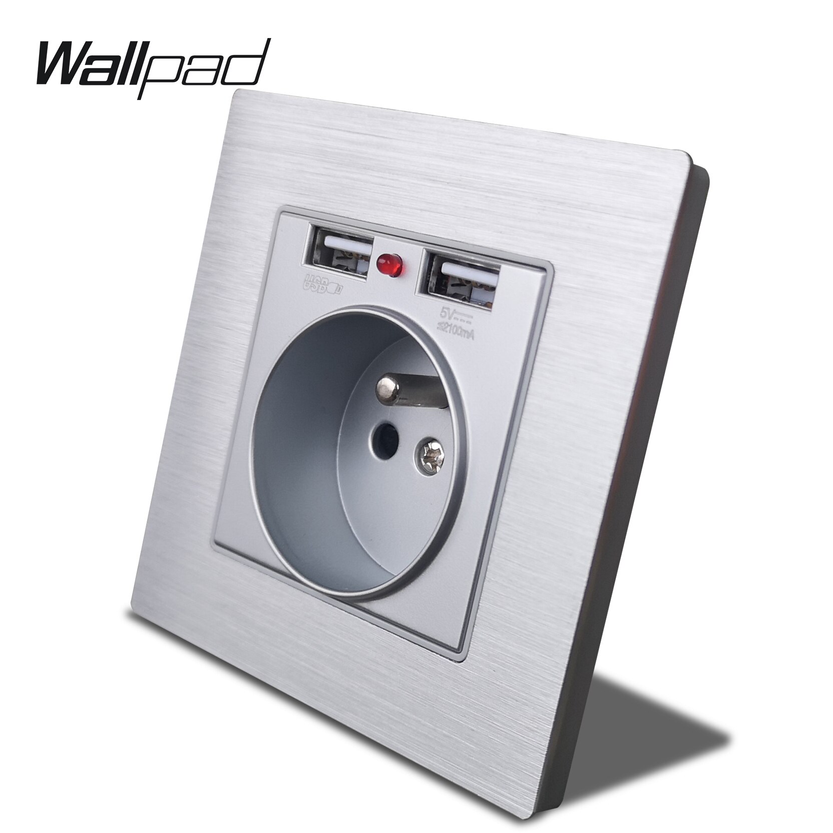 Wallpad S7 Grey Franse Stopcontact Met 2.1A 2 X Usb Opladen Poorten, zilver Aluminium Panel Enkele Stopcontact Metalen Plaat