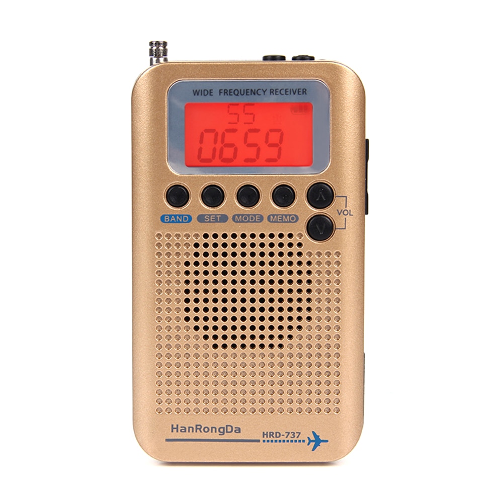 HanRongDa HRD-737 Portable FM Radio Aircraft Full Band Radio FM/AM/SW/CB/Air/VHF Receiver World Band w/ LCD Display Alarm Clock: Golden