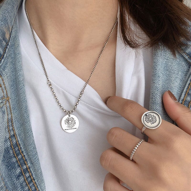 Foxanry INS 925 Sterling Silver Daisy Rings for Women Simple Geometric Vintage Handmade Party Jewelry