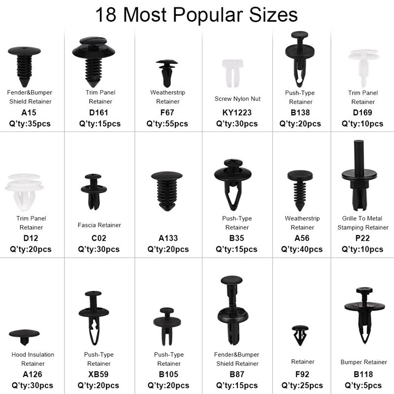 415 Pcs Car Retainer Clips &amp; Plastic Fasteners Kit - 18 Most Popular Sizes Auto Push Pin Rivets Set -Door Trim Panel Clips
