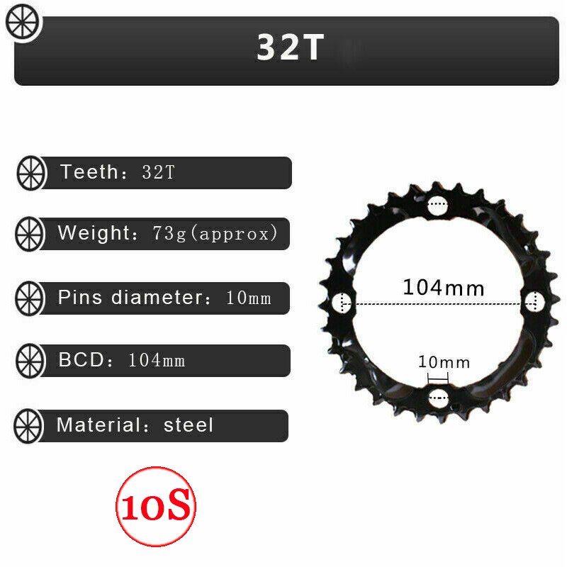 Plato de bicicleta 104BCD 64BCD 22/24/26/32/38/42/44T, plato de bicicleta de 9/10 velocidades para platos y bielas de doble/triple velocidad: 10S 104BCD-32T